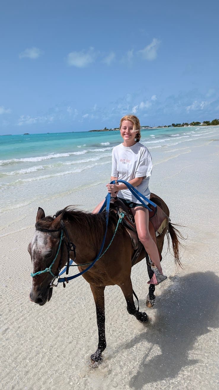 On a sunlit shoreline where turquoise water breathes gently onto pale sand, a quiet ride unfolds at the edge of the day. Salt air tangles with laughter as hooves ripple the shallows, the horizon wide and forgiving, time loosening its grip. The mood is effortless joy—an artist’s pause where freedom feels as simple as moving forward with the tide.