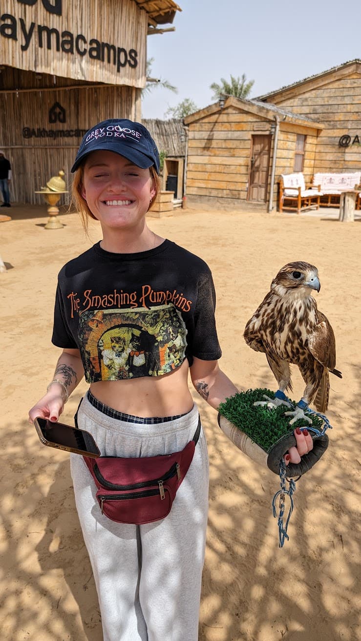 Under a bright desert sun, a quiet camp of wooden huts hums with warmth as sand softens every footstep and the air smells faintly of dust and adventure. A still moment unfolds as a gloved hand steadies a watchful bird, its feathers catching the light while time seems to pause between human breath and wild heartbeat. The mood is joyful and grounded—an artist’s day where curiosity, connection, and sunlight meet in perfect balance.